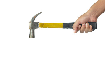 Cropped image of hand holding a hammer on white background