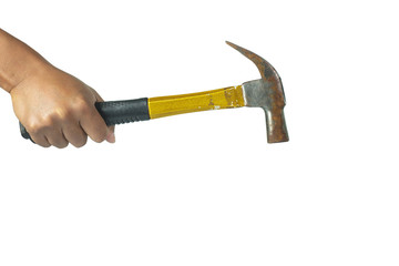 Cropped image of hand holding a hammer on white background