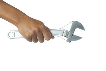 Cropped image of hand holding wrench on white background