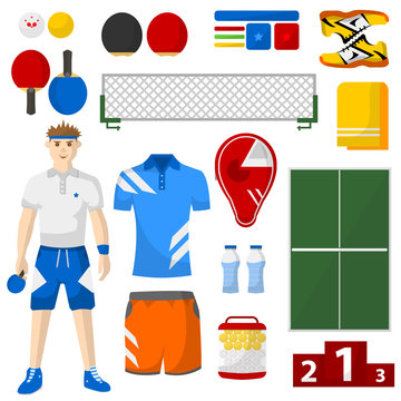 ping pong icons set. ping pong sport equipment and uniform for workout and tournament.