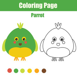 Coloring page with parrot. Educational children game, printable drawing kids activity