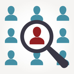 Human resources and recruitment symbol. Magnifying glass and man silhouette icon. Vector illustration.