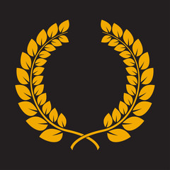 Laurel wreath. Yellow award icon or sign isolated on dark background. Vector illustration.