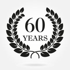 60 years anniversary laurel wreath sign or emblem. Template for celebration and congratulation design. Vector 60th anniversary label isolated on white background.