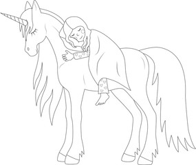 little girl sleeping on a unicorn, coloring page