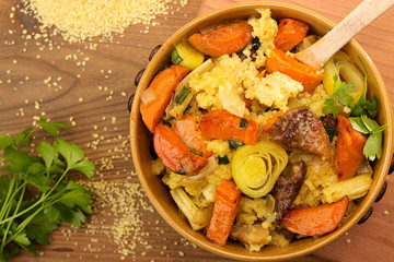 Couscous with carrots, celery, leak and stewed meat