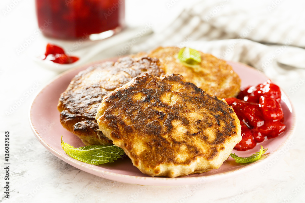 Sticker buckwheat pancakes with strawberry sauce