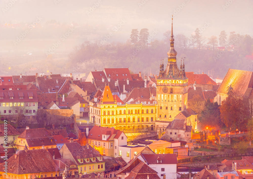 Wall mural The Clock Tower in the medieval city of Sighisoara, Transylvania landmark, Romania