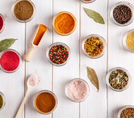 Spices on white wooden background. Food