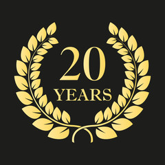 20 years anniversary laurel wreath icon or sign. Template for celebration and congratulation design. 20th anniversary golden label. Vector illustration.