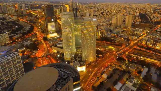 Time lapse - Central Tel Aviv skyline at night with traffic