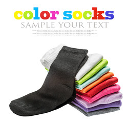 colorful socks isolated on white background. text serves as a model and can be easily removed in the editor.