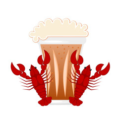 Vector illustration of beer mugs with a red crayfish on a white