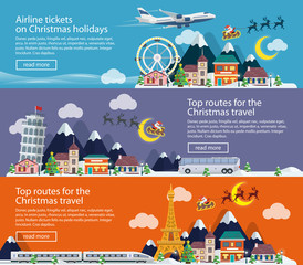 Winter Travel to UK, Italy and France. Merry Christmas banners in flat style. Traveling in time of vacation by plane, bus and train. The winter holiday. Flat Santa Claus, reindeer. Vector illustration