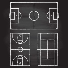 Football or soccer, tennis and basketball fields isolated on blackboard texture with chalk rubbed background. Realistic blackboard for tactic plan. Vector illustration.