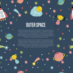 Outer space cartoon banner. Spaceship, cute alien girl and boy, stars, comet, Saturn and earth planets vector illustrations on blue background. For planetarium, astro club, childrens cafe web page