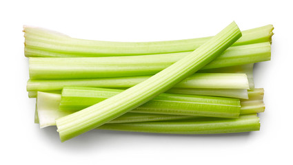 Heap of celery sticks isolated on white