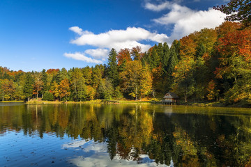 House on a Trakoscan lake in autumn