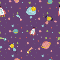 Space interstellar travels cartoon seamless pattern. Flying spaceship, cute alien girls with pigtails, colorful stars, comets, Saturn and earth planets vector illustrations on dark violet background