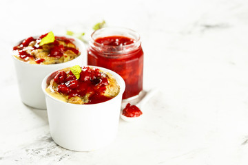 Bread pudding with strawberry jam