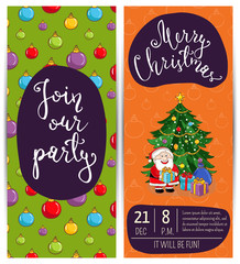 Naklejka premium Invitation on Christmas party with date, time and slogan. Funny Santa, wrapped gifts, decorated toys christmas tree cartoon vectors. Merry Christmas and happy New Year greetings. Xmas fun celebrating