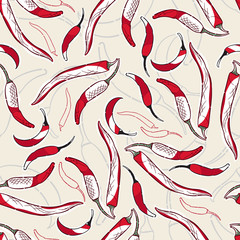 Background pepper. Chilli. Seamless pepper pattern. Red hot pepper on a beige background. Spices and seasonings.