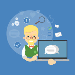 Smiling cartoon boy holding laptop with speech bubbles on screen. Social media banner on blue background with communication icons, vector illustration. Chatting, international network, media app