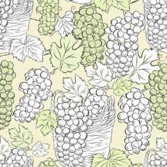 Grapes background. Seamless pattern of grapes in the basket. Bunches of grapes and leaves. Good autumn grape harvest in the basket.