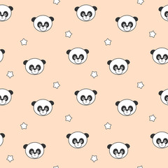 Obraz premium cute cartoon panda on pink background seamless vector pattern illustration