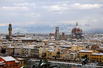 Cathedral Santa Maria del Fiore (Duomo) and Giottos Bell Tower (Campanile), in winter with snow Florence, Tuscany, Italy