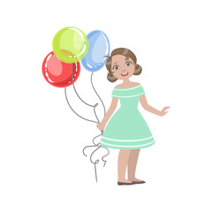 Girl In Turquoise Dress Holding Four Balloons