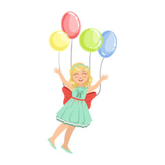Fototapeta na wymiar Little Girl Flying In The Air With Four Party Balloons