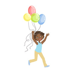 Boy Running Holding Four Colorful Balloons