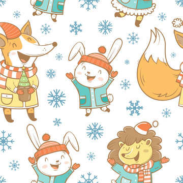 Seamless pattern with cute cartoon hares, hedgehogs, foxes  in coat and snowflakes on white  background. Winter time. Snowy weather. Funny animals in clothes. Vector image. Children's illustration.