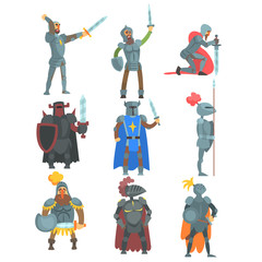 Knights In Full Armor Set Of Flat Illustrations