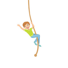 Boy Climbing A Rope In Physical Education Class In School