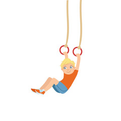 Boy Doing Gymnastics On Two Rings Hanging On Ropes