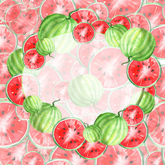 Watercolor decorative vintage frame, card, label with a picture of watermelon. Red and green. For registration