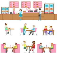 People In Sweet Bakery Cafe Set Of Illustrations