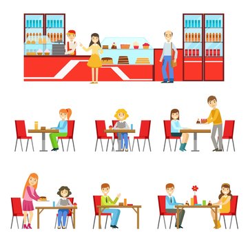 People In Sweet Pastry Cafe Set Of Illustrations