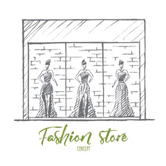 Vector hand drawn Fashion store concept sketch. Stylish female mannequins in gorgeous evening dresses standing at showcase of fashion store. Lettering Fashion store concept