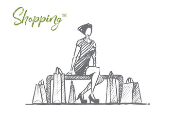 Vector hand drawn Shopping time concept sketch. Stylish woman in dress sitting on banch with shopping bags. Lettering Shopping time