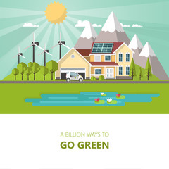 Green energy an eco friendly traditional and modern house. Solar, wind power. Vector concept illustration with electric car. Eco concept vector design

