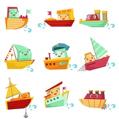 Toy Boats With Faces Colorful Illustration Set