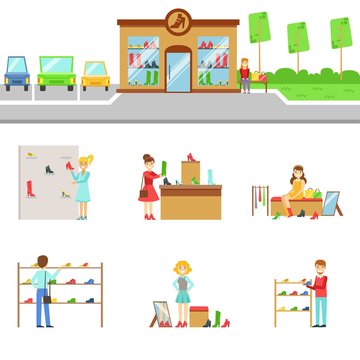 Footwear Store Exterior And People Shopping Set Of Illustrations