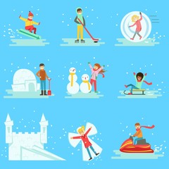 People Having Fun In Snow In Winter Collection Of Illustrations