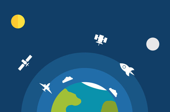 Vector an illustration with the image of the planet earth of planes, satellites, clouds, rockets in flat style.Elements of design and infographic for banners on the websites, leaflets, booklets.