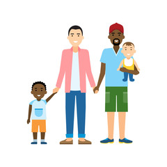 Isolated gay family. Two handsome cartoon men with two sons standing on white background and holding hands. Happy homosexual relationship. Interracial marriage.