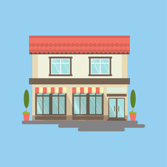 Isolated cafe storefront on blue background. Beautiful facade of building with windows, plants and doors. Idea of shops, cafes, restaurants and more.