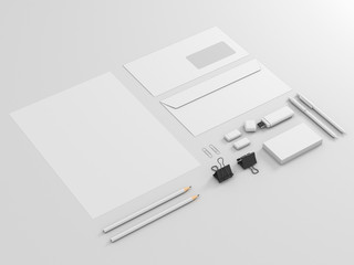 Corporate identity template set. Business stationery mock up with white blank. Branding design. Isolated on background. Letter envelope, card, catalog, pen, pencil, paper. 3d illustration